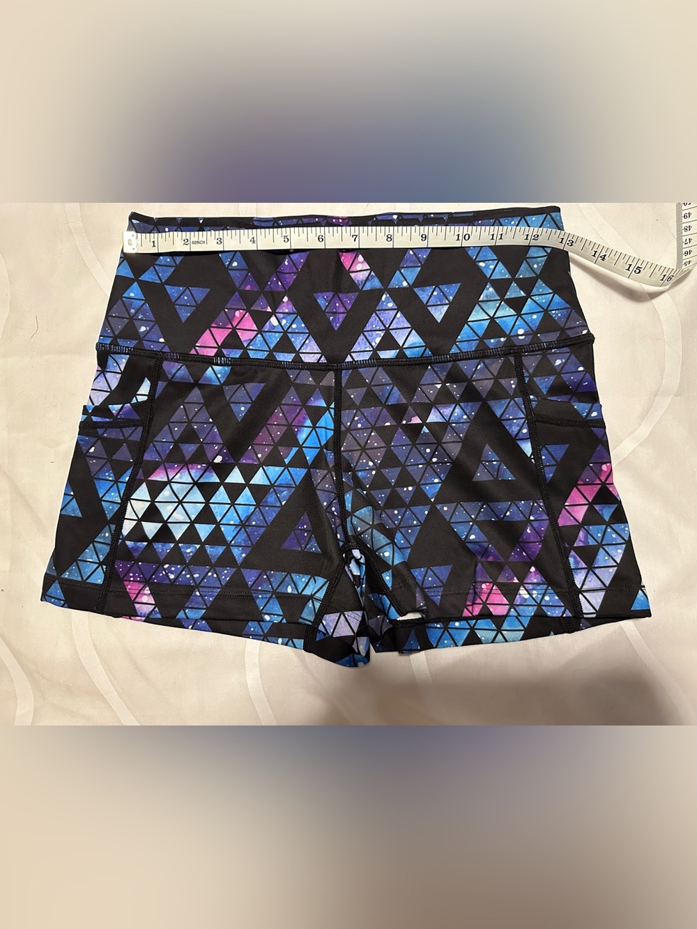 CVG Women’s Athletic 2.5” Shorts in Black & Blue geometric Print